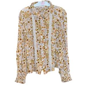 •PROMESA•YELLOW/BROWN FLORAL SMOCKED CROCHET BUTTON DOWN  BLOUSE SIZE LARGE
